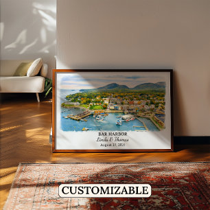 Poster Cartaz de Bar Harbor Maine, Aquarela, Personalizad