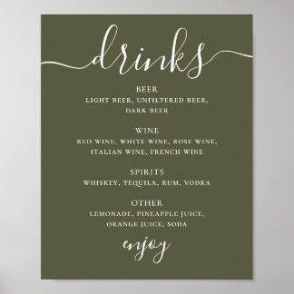 Poster Cartaz de Bebidas de Casamento Verde Oliva Suave |