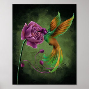 Poster Cartaz de beija-flor fantástico e rosa roxa