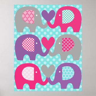 Poster Cartaz de berçário Amor de Elefante Rosa e Roxo