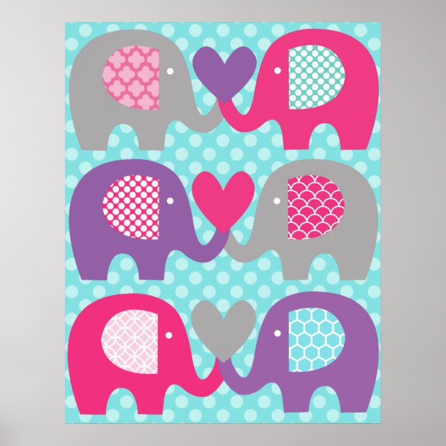 Poster Cartaz de berçário Amor de Elefante Rosa e Roxo (Frente)