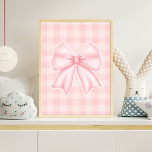 Poster Cartaz de Berçário com Laço em Xadrez Rosa Pastel