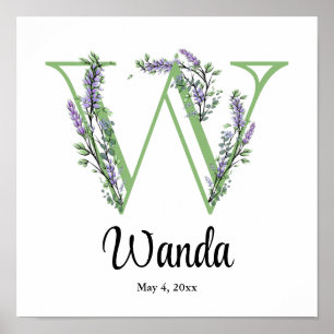 Poster Cartaz de berçário com monograma W Lavanda Eucalip