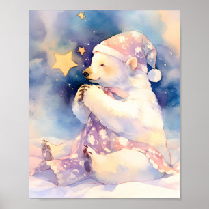 Poster Cartaz de Berçário com Urso Polar em Aquarela Capr