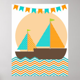 Pôster Cartaz de Berçário de Barco à Vela Náutico Laranja