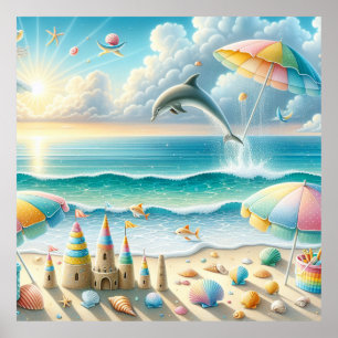 Poster Cartaz de Berçário de Praia em Aquarela