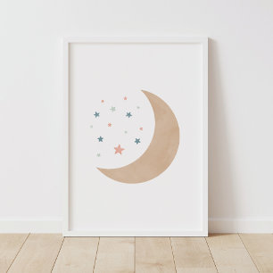Poster Cartaz de Berçário Lua e Estrelas em Aquarela Past