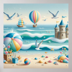 Poster Cartaz de Berçário Praia Pastel