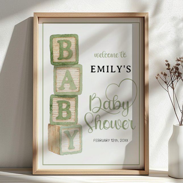 Poster Cartaz de Boas-Vindas Blocos de Bebê Sage (Baby Shower Welcome Sign)
