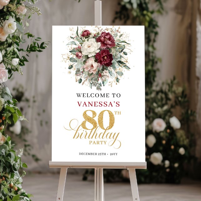 Poster Cartaz de Boas-Vindas Boho Deep Red Floral para 80 (Boho Deep Red Floral 80th Birthday Welcome Poster)