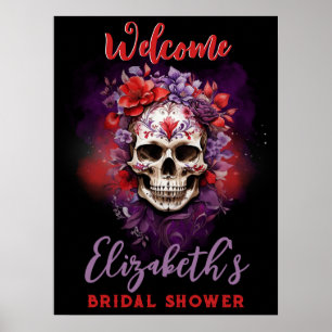 Poster Cartaz de Boas-Vindas Caveira Floral Vermelho/Roxo