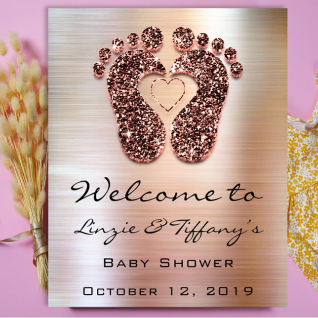Poster Cartaz de Boas-Vindas Chuveiro de Bebê Pés de Rosa (Welcome Poster Rose Feet Baby Shower Glitter)