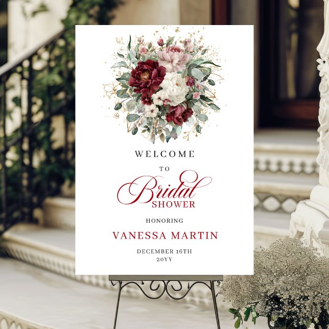 Poster Cartaz de Boas-Vindas com Flores Boêmias de Bordô  (Boho Burgundy Flowers Greenery Gold Welcome Poster)