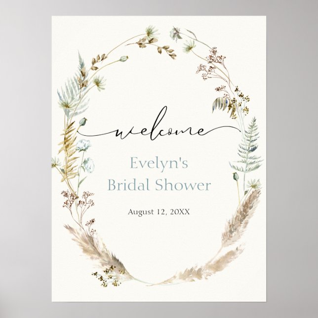 Poster Cartaz de Boas-Vindas com Grama Pampas Boho em Buq (Frente)