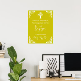 Poster Cartaz de Boas-Vindas Cruz Floral Batismo Amarelo