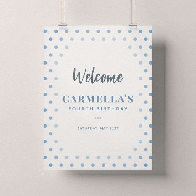 Poster Cartaz de Boas-Vindas de Aniversário com Bolinhas  (Blue Polka Dot - 18x24" Birthday Welcome Sign Poster)