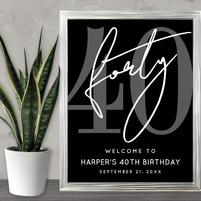 Poster Cartaz de Boas-Vindas de Aniversário de 40 Anos Pr (Modern Black 40th Birthday Party Welcome Sign)