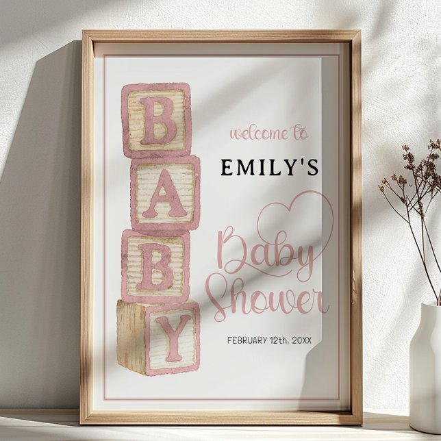 Poster Cartaz de Boas-Vindas de Blocos de Bebê Rosa Empoe (Baby Shower Welcome Sign)