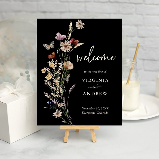 Poster Cartaz de Boas-Vindas de Casamento Boho Preto (Black Boho Watercolor Floral Welcome Wedding Poster with Butterfly by Painted Paperie
)