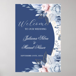 Poster Cartaz de Boas-Vindas de Casamento Floral Azul Des
