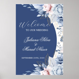 Poster Cartaz de Boas-Vindas de Casamento Floral Azul Des