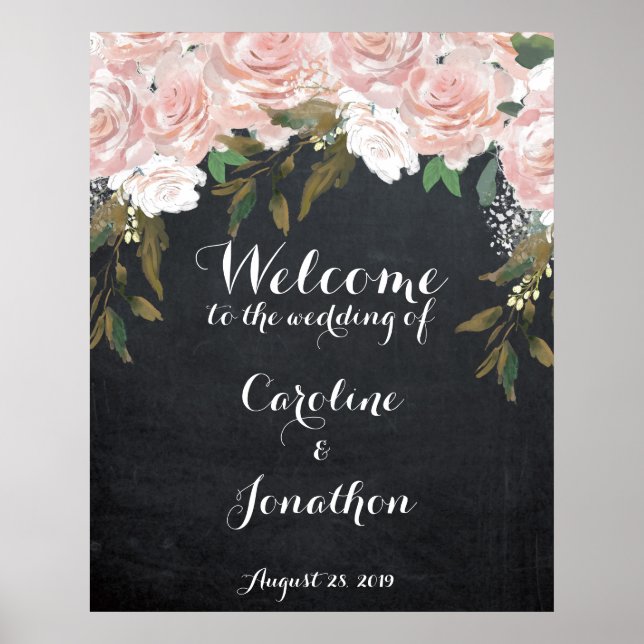 Poster Cartaz de boas-vindas de casamento floral rosa ele (Frente)
