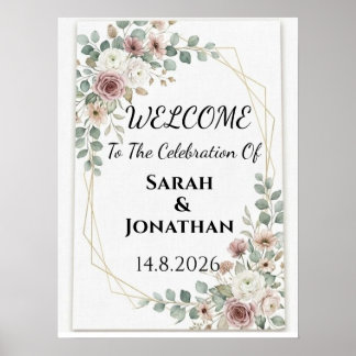Poster Cartaz de Boas-Vindas de Casamento Floral Rosa Emp