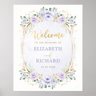 Poster Cartaz de Boas-Vindas de Casamento Floral Roxo Ele