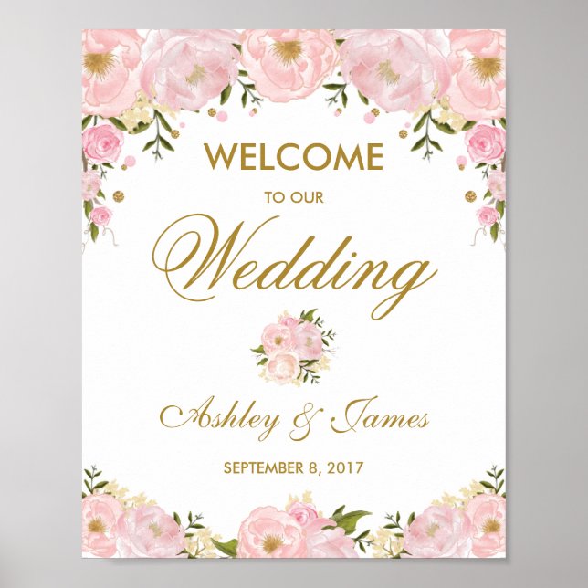 Poster Cartaz de Boas-Vindas de Casamento Rosa Floral Chi (Frente)