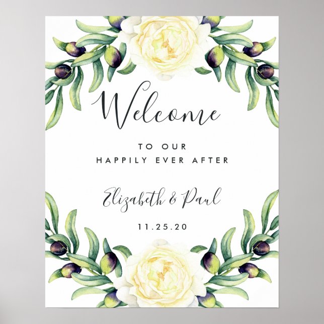 Pôster Cartaz de Boas-Vindas de Casamento Rosas e Oliveir (Frente)