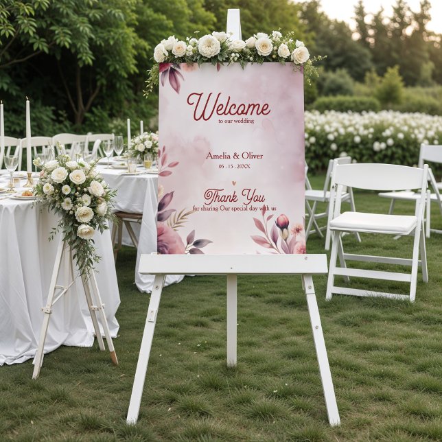 Poster Cartaz de Boas-Vindas de Casamento – Sinal Rosa Fl (Wedding Welcome Poster – Blush Floral Pink Sign)