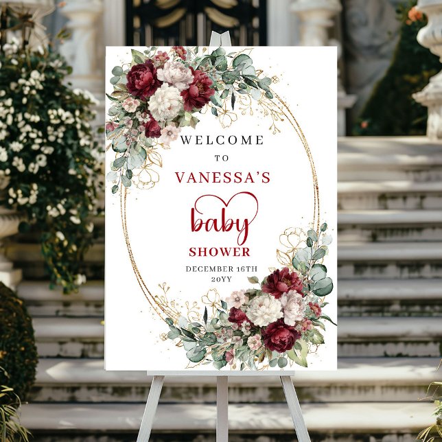 Poster Cartaz de Boas-Vindas de Chá de Bebê Verde Borgonh (Burgundy Greenery Baby Shower Welcome)