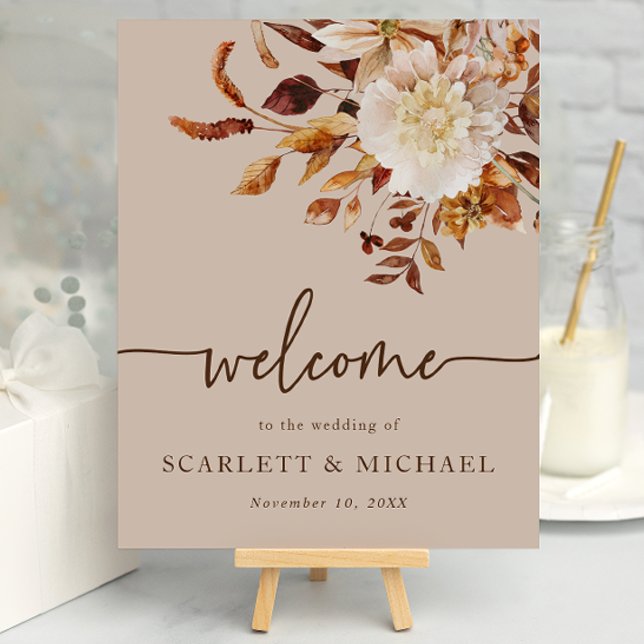 Poster Cartaz de Boas-Vindas de Folhas de Outono Rústico  (Rustic Taupe Fall Leaves Welcome Sign Poster by Painted Paperie
)