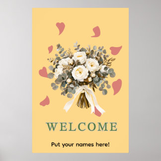 Poster Cartaz de Boas-Vindas do Casamento com Rosas Branc