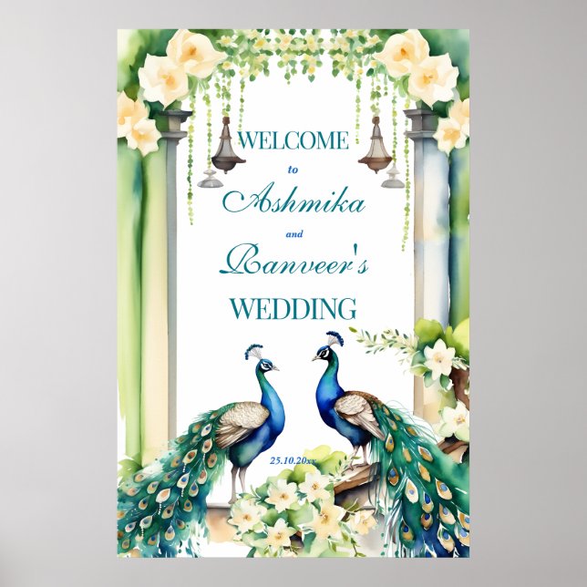 Poster Cartaz de boas-vindas do casamento indiano Peacock (Frente)