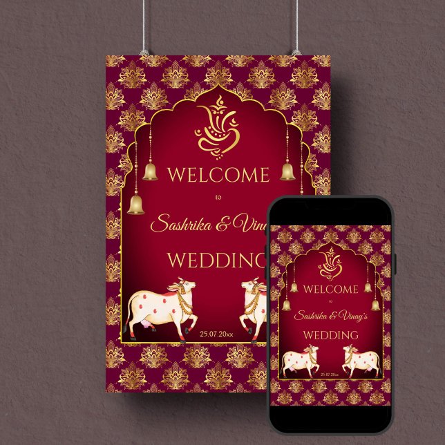 Poster Cartaz de boas-vindas do casamento Maroon e Gold G (Indian wedding maroon and gold lotus welcome sign poster digital download gomata sacred cow Ganesha)