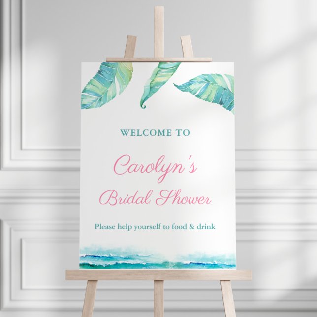 Poster Cartaz de Boas-Vindas do Chá de Noiva na Praia Tro (Tropical theme Aqua pink bridal shower party welcome sign)
