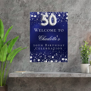 Poster Cartaz de boas-vindas para festa de 50 anos azul e