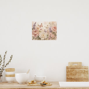 Poster Cartaz de Borboleta e Florais em Aquarela