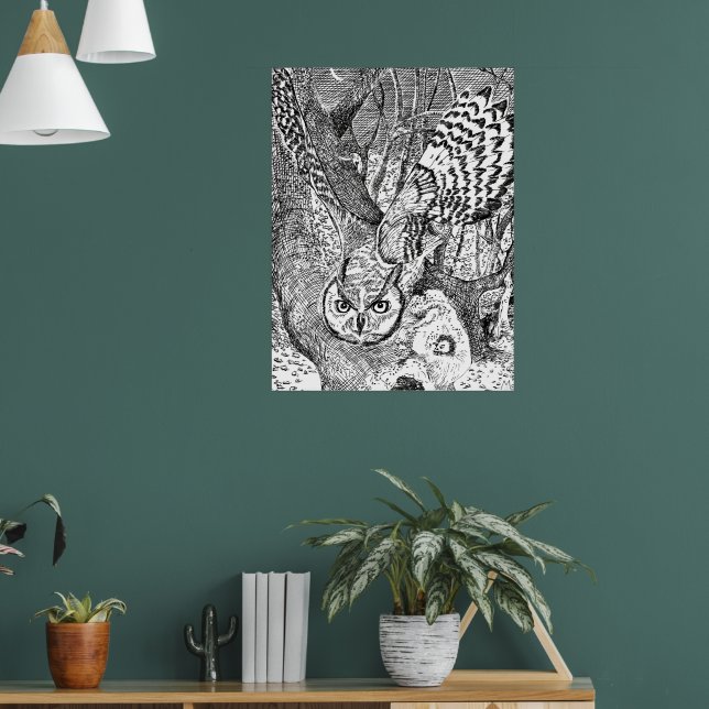 Poster Cartaz de bosque de coruja voadora, natureza em pr (Sala de Estar 1)