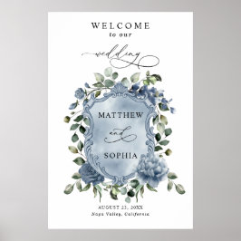 Poster Cartaz de Brasão de Casamento Floral Azul Elegante