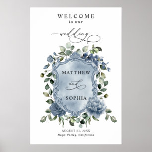 Poster Cartaz de Brasão de Casamento Floral Azul Elegante