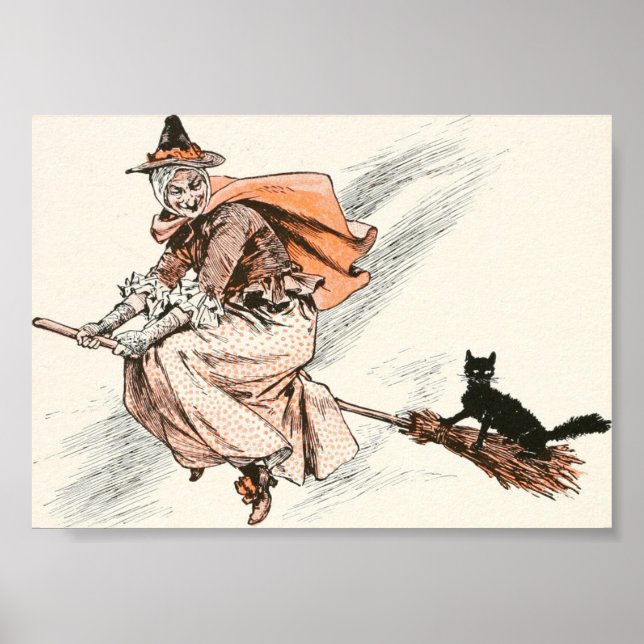 Pôster Cartaz de Bruxa Antiga com Vassoura e Gato (Frente)