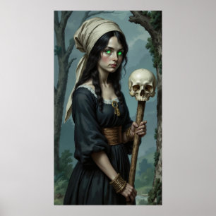 Poster Cartaz de Bruxa Gótica Olhos Verdes Cajado Caveira