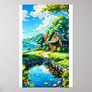 Poster Cartaz de Cabine de Paisagem de Anime Vibrante na
