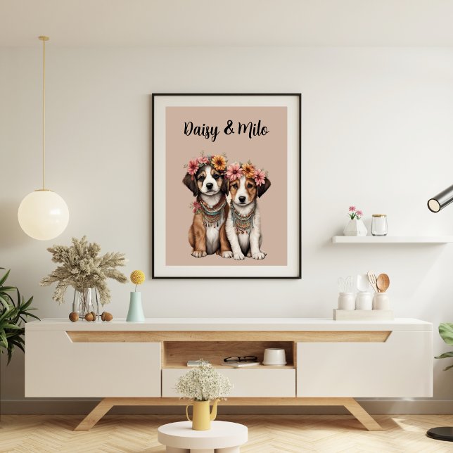 Poster Cartaz de Cachorrinhos Boho com Flores (Boho Puppies with Flowers Poster)