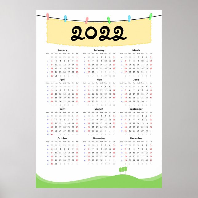 Poster Cartaz de Calendário 2022 - início no domingo (Frente)