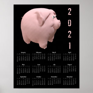 Poster Cartaz de Calendário 3D Funny Pig 1 Preto 2021