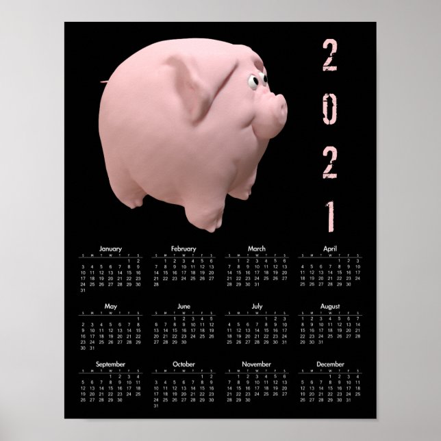 Poster Cartaz de Calendário 3D Funny Pig 1 Preto 2021 (Frente)