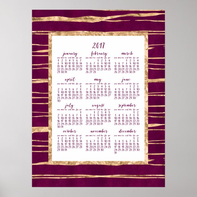 Pôster Cartaz de Calendário Anual de 2017 em Magenta e Do (Frente)